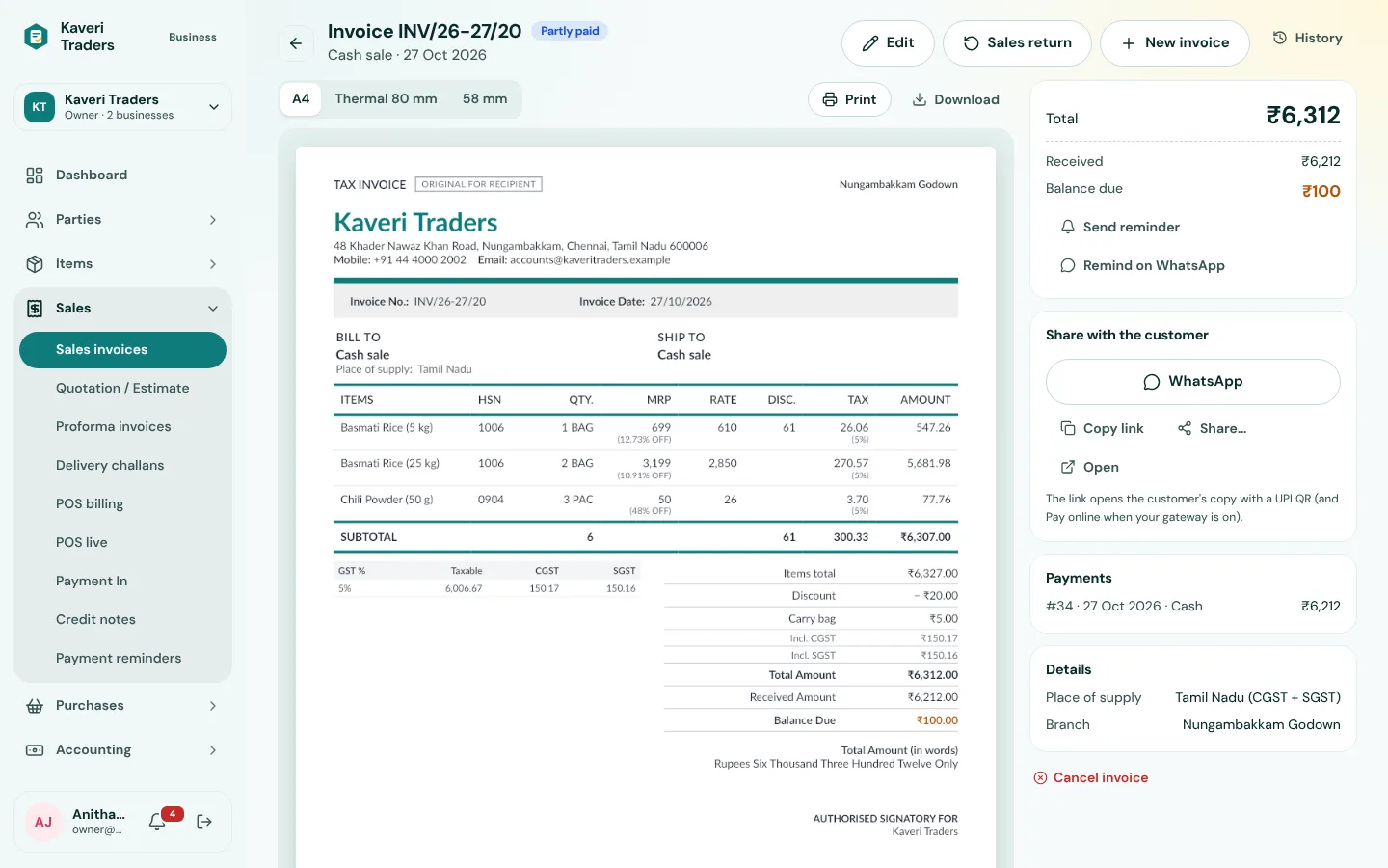 HextaBook GST invoice with CGST and SGST worked out, ready to print or share on WhatsApp