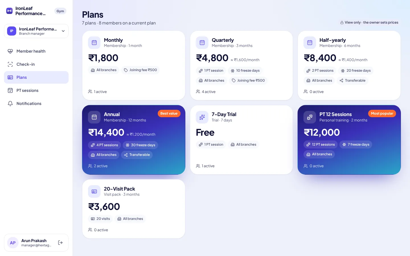 Membership plans with PT sessions, freezes and joining fees